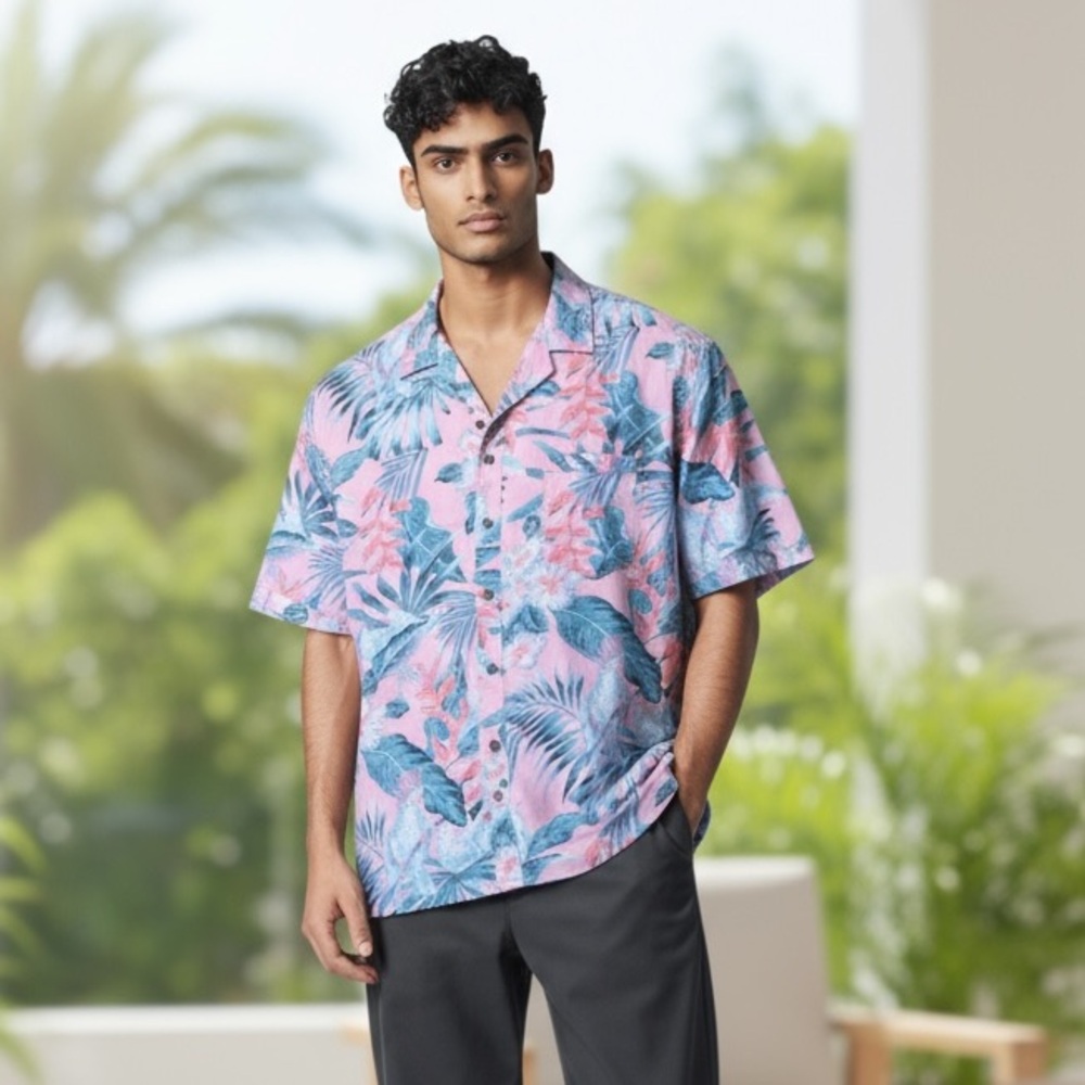 MBX Premium Goods Pink and Blue Floral Tropical Large Men's Shirt